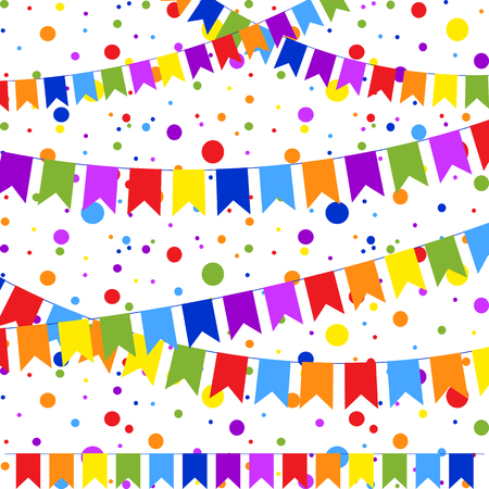 Set of six flat colored garlands isolated in the form of flags on a rope. On the background of colorful confetti. Suitable for design.のイラスト素材