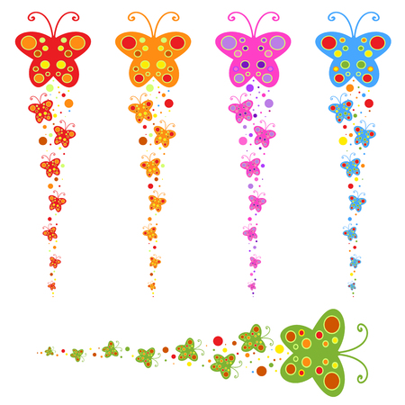 A flock of flat colored isolated butterflies flying one after another. Five color options in the set.のイラスト素材