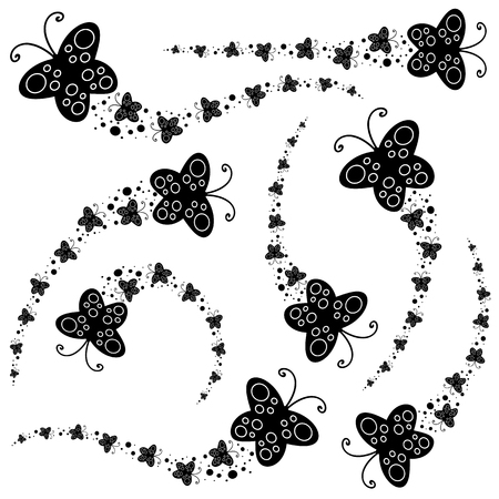 Set of black silhouettes. A flock of abstract cartoon butterflies flying one after another.のイラスト素材