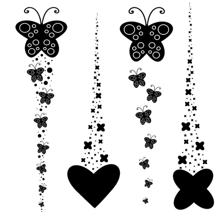 Set of black silhouettes. A flock of abstract cartoon butterflies flying one after another. Lovely Stars and Hearts.のイラスト素材