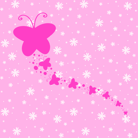 Silhouette of a large butterfly and small butterflies flying after it. On a floral background.のイラスト素材