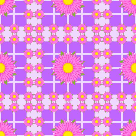 Seamless pattern of pink flowers with green leaves and ribbons on a violet abstract backgroundのイラスト素材
