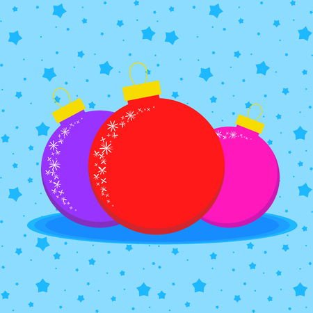 Card with three colored Christmas balls on a blue starry backgroundのイラスト素材