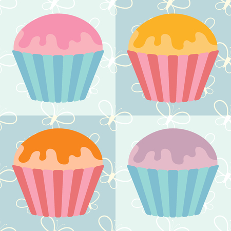 A set of flat colored isolated pastries with glaze of various colors. In striped baskets. On a blue background with abstract silhouettes of butterflies.のイラスト素材