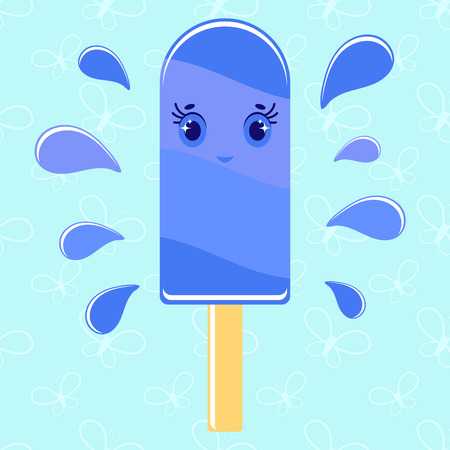 Flat colored isolated striped ice cream sprinkled with glaze of blue color. On a wooden stick. With splashes of water on a blue background.のイラスト素材
