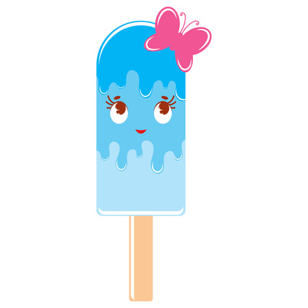 Flat colored isolated striped ice cream sprinkled with glaze of blue color. On a wooden stick. With a little pink butterfly. Simple drawing on a white background.のイラスト素材