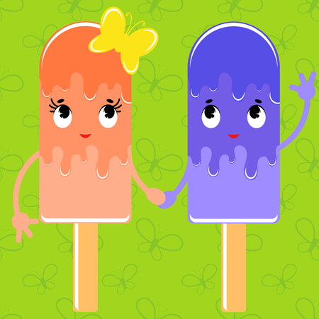 Set of flat colored isolated cartoon kid ice cream sprinkled with glaze orange and blue. On a green background with silhouettes of butterfliesのイラスト素材