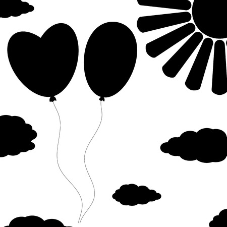 Black isolated silhouettes of balloons on a white background with clouds and sun. Simple flat vector illustration. Suitable for decoration of greeting cards, magazines.のイラスト素材