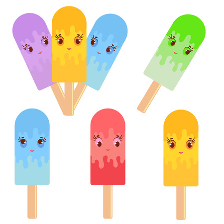 Set of flat colored isolated cartoon ice-cream, drizzled with glaze. On wooden sticks. Appetizing color. On a white background.のイラスト素材