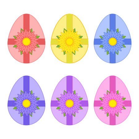 A set of colored isolated Easter eggs tied with ribbons and a flower on a white background. Simple flat vector illustration. Suitable for decoration of postcards, advertising, magazines, websites.のイラスト素材