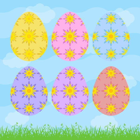 Set of colored isolated Easter eggs on a blue background. With abstract floral pattern. Simple flat vector illustration. Suitable for decoration of postcards, advertising, magazines, websites.のイラスト素材