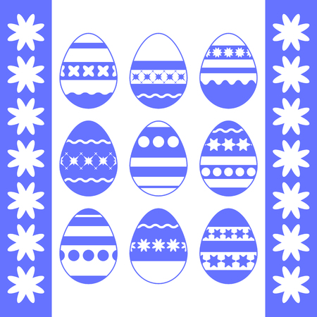 Set of blue isolated Easter eggs on a white background. With an abstract pattern. Simple flat vector illustration. Suitable for decoration of postcards, advertising, magazines, websites.のイラスト素材