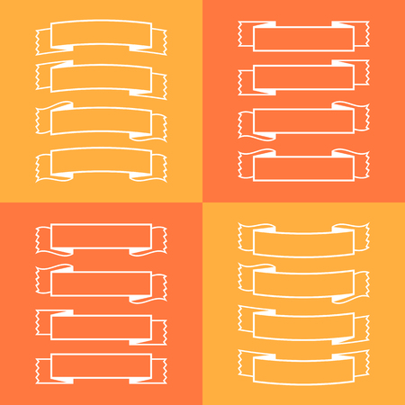 A set of isolated banner ribbons with a white stroke on a yellow and orange background. Simple flat vector illustration. With space for text. Suitable for infographics, design, advertising, holidays, labels.のイラスト素材