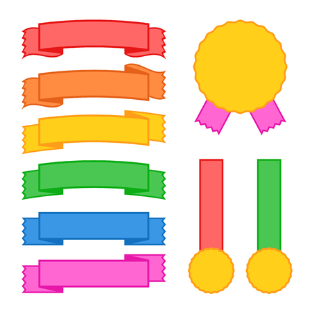 Set of colored insulated ribbons of banners, medals and labels on a white background. Simple flat vector illustration. With space for text. Suitable for infographics, design, advertising, holidays, labels.のイラスト素材