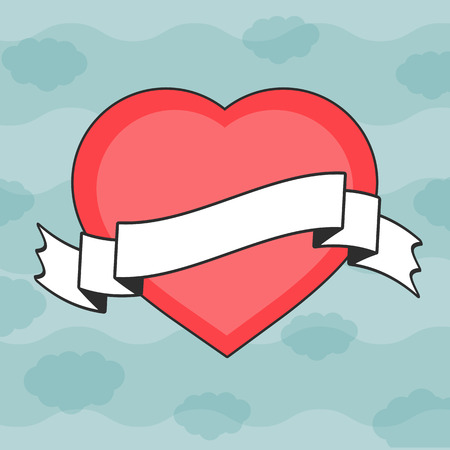 Colorful isolated silhouette of a heart against a sky background with clouds. Vintage postcard with white ribbon banner and black stroke. Simple flat vector illustration.のイラスト素材
