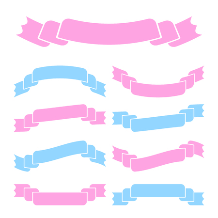 Set of cute curved isolated ribbons banners on white background. Simple flat vector illustration. With space for text. Suitable for infographics, design, advertising, holidays, labels.のイラスト素材
