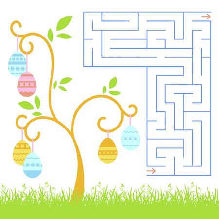 Abstract labyrinth isolated on a background of easter tree with eggs. Blue color on a white background. An interesting and useful game for children and adults. Simple flat vector illustration.のイラスト素材