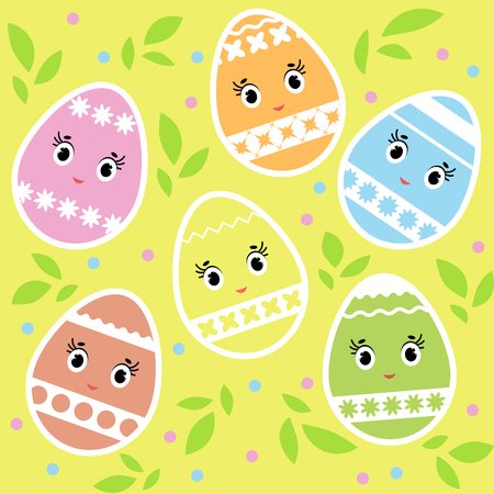Set of cartoon cute colorful isolated Easter eggs on a yellow background. With an abstract striped pattern. Simple flat vector illustration. Suitable for decoration of postcards, advertisingのイラスト素材