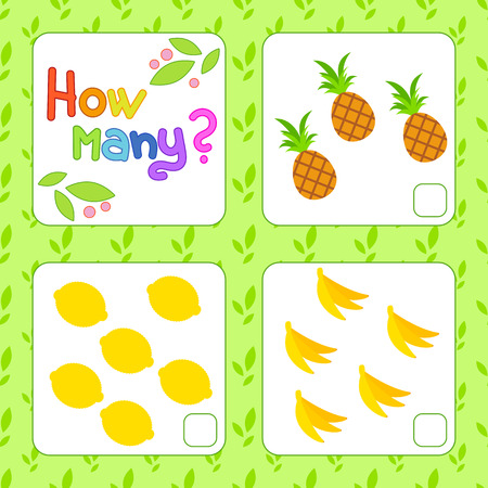 Game for preschool children. Count as many fruits in the picture and write down the result. Pineapple, lemon, banana. With a place for answers. Simple flat isolated vector illustration.のイラスト素材