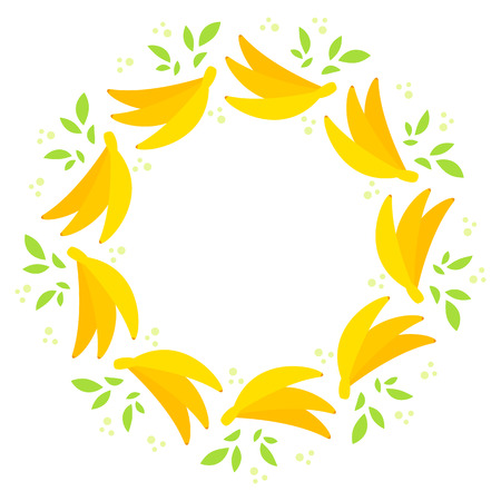 Round wreath of yellow appetizing bananas with green leaves Simple flat vector illustration.のイラスト素材