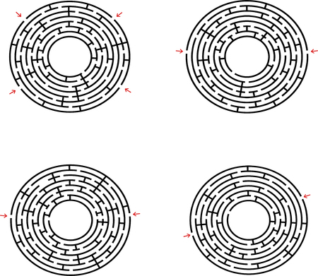 Black abstract round maze with a place for your drawing. Set of four puzzles. An interesting and useful game for children. Simple flat vector illustration isolated on white background.のイラスト素材