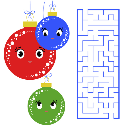 Abstract square maze with a cute color cartoon character. Beautiful Christmas balls. An interesting and useful game for children. Simple flat vector illustration isolated on white backgroundのイラスト素材