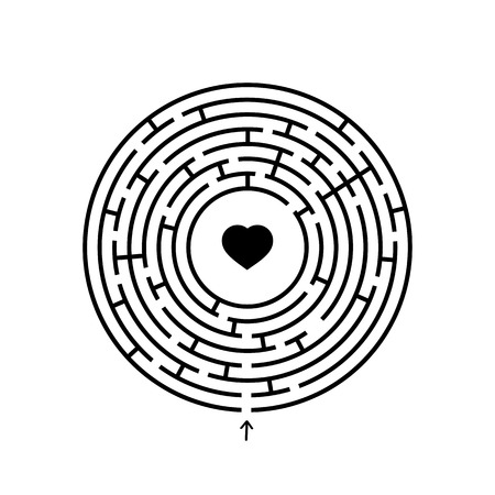 Black round labyrinth with entrance and exit. An interesting and useful game for children. Simple flat vector illustration isolated on white backgroundのイラスト素材