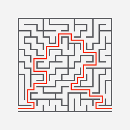 Abstract square maze. Game for kids. Puzzle for children. One entrances, one exit. Labyrinth conundrum. Simple flat vector illustration isolated on white background. With answer.のイラスト素材
