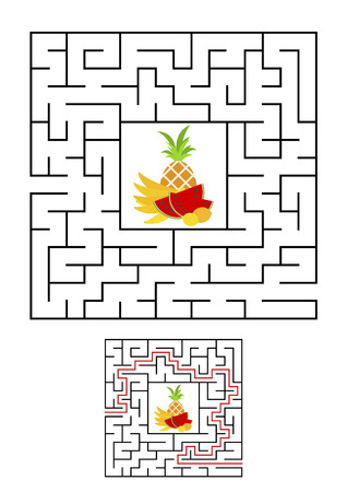 Abstract square maze. Game for kids. Puzzle for children. One entrances, one exit. Labyrinth conundrum. Vector illustration on white background with cartoon picture. With answer.のイラスト素材