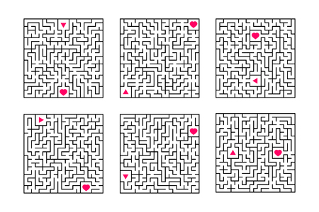 A set of square mazes. Game for kids. Puzzle for children. One entrances, one exit. Labyrinth conundrum. Flat vector illustration isolated on white background.のイラスト素材