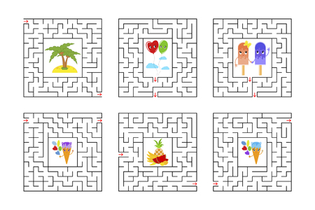 A set of square mazes. Game for kids. Puzzle for children. One entrances, one exit. Labyrinth conundrum. Flat vector illustration isolated on white background. With cartoon characters.のイラスト素材