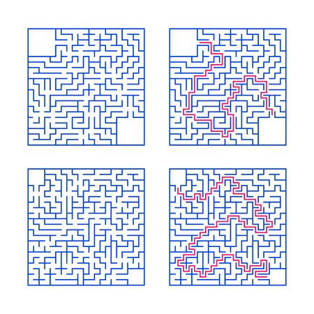 A set of square mazes. Game for kids. Puzzle for children. One entrances, one exit. Labyrinth conundrum. Flat vector illustration isolated on white background. With answer. With place for your image.のイラスト素材