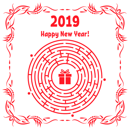 New Year greeting card with a round labyrinth. Find the right path to the gift. Game for kids. Puzzle for children. Labyrinth conundrum. Vector illustration. With frame in vintage style.のイラスト素材