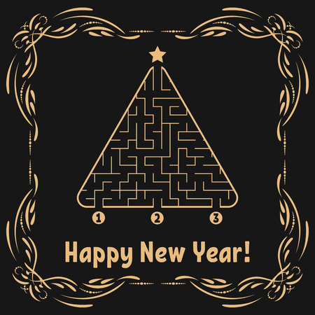 New Year greeting card with a triangular labyrinth. Find the right path to the star. Game for kids. Christmas tree. Maze conundrum. Vector illustration. With frame in vintage style.のイラスト素材