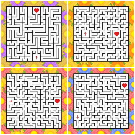 A set of square mazes. Game for kids. Puzzle for children. One entrances, one exit. Labyrinth conundrum. Flat vector illustration isolated on white background. With a bright floral frame.のイラスト素材