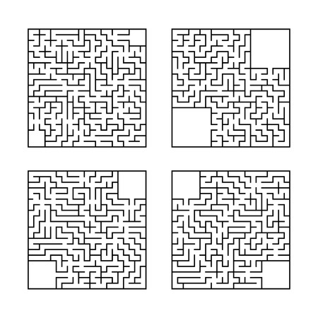 A set of square mazes. Game for kids. Puzzle for children. One entrances, one exit. Labyrinth conundrum. Flat vector illustration isolated on white background. With answer. With place for your image.のイラスト素材