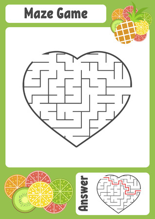 Maze in the shape of a heart. Kids worksheets. Activity page. Game puzzle for children. Appetizing tropical fruits. Labyrinth conundrum. Vector illustration. With answer.のイラスト素材
