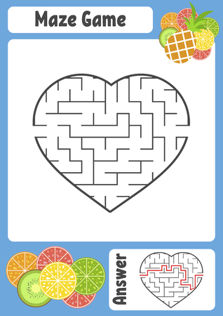 Maze in the shape of a heart. Kids worksheets. Activity page. Game puzzle for children. Appetizing tropical fruits. Labyrinth conundrum. Vector illustration. With answer.のイラスト素材