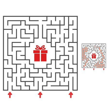 Abstract square maze. Find the path to the gift. Game for kids. Puzzle for children. Labyrinth conundrum. Flat vector illustration isolated on white background. With answerのイラスト素材