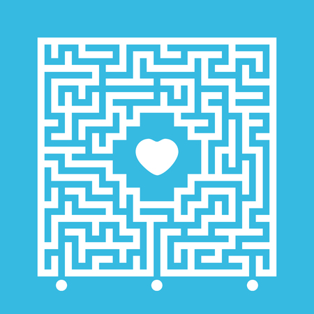 Abstract white square maze. Find the right path to the heart. Labyrinth conundrum. Love search concept. Flat vector illustration isolated on color backgroundのイラスト素材