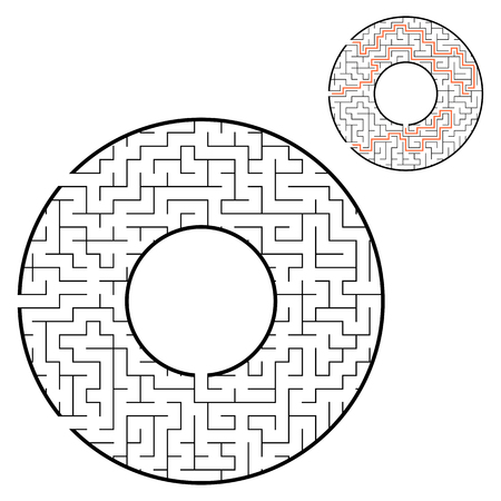 Black round maze. With three ways. Game for kids. Puzzle for children. Labyrinth conundrum. Flat vector illustration isolated on white background. With place for your image. With the answerのイラスト素材