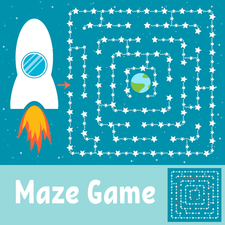 Simple maze. Help the rocket find its way to the earth. Game for kids. Puzzle for children. Labyrinth conundrum. Flat vector illustration isolated on turquoise background. With the decision.のイラスト素材