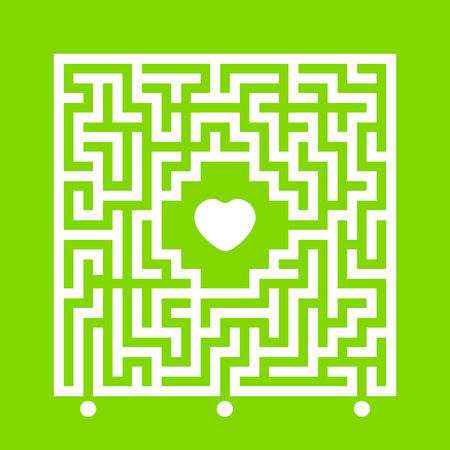 Abstract white square maze. Find the right path to the heart. Labyrinth conundrum. Love search concept. Flat vector illustration isolated on color backgroundのイラスト素材