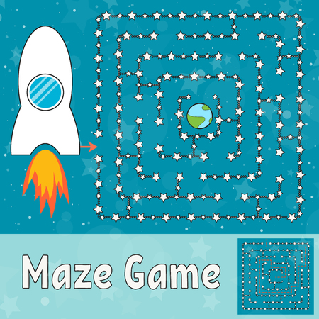 Simple maze. Help the rocket find its way to the earth. Game for kids. Puzzle for children. Labyrinth conundrum. Flat vector illustration isolated on turquoise background. With the decision.のイラスト素材