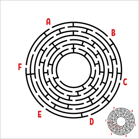 Black round maze. Game for kids. Children's puzzle. Many entrances, one exit. Labyrinth conundrum. Simple flat vector illustration isolated on white background. With place for your image.のイラスト素材