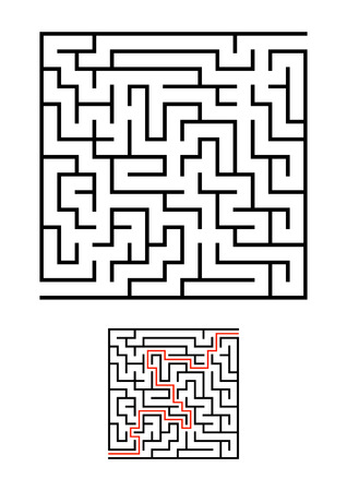 Abstract square maze. Game for kids. Puzzle for children. One entrances, one exit. Labyrinth conundrum. Simple flat vector illustration isolated on white background. With answer.のイラスト素材
