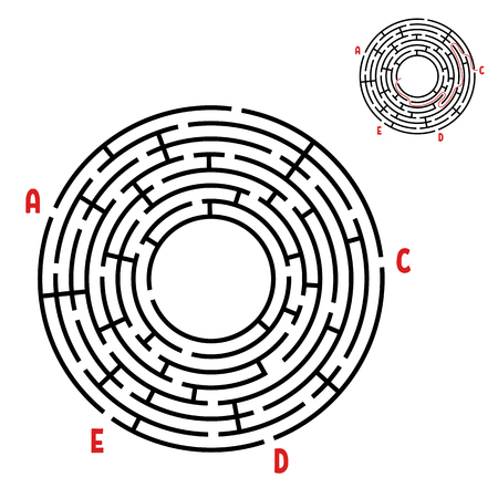 Abstract round maze. Game for kids. Puzzle for children. Find the right path. Labyrinth conundrum. Flat vector illustration isolated on white background. With answer. With place for your image.のイラスト素材