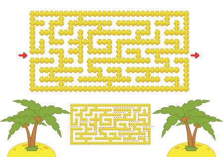 Color rectangular maze. Yellow beach with palm trees in cartoon style. Game for kids. Puzzle for children. Labyrinth conundrum. Flat vector illustration isolated on white background. With the answerのイラスト素材