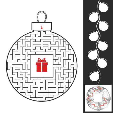 Maze Christmas toy. Game for kids. Puzzle for children. Find the path to the gift. Labyrinth conundrum. Flat vector illustration isolated on white background. With the answerのイラスト素材