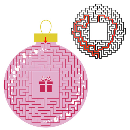 Maze Christmas toy. Game for kids. Puzzle for children. Find the path to the gift. Labyrinth conundrum. Flat vector illustration isolated on white background. With the answerのイラスト素材